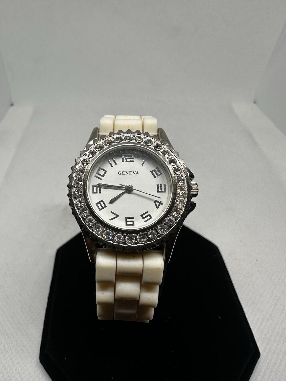 Geneva Womens Watch 40mm White Rubber Band Rhinestone Bezel White Dial Quartz